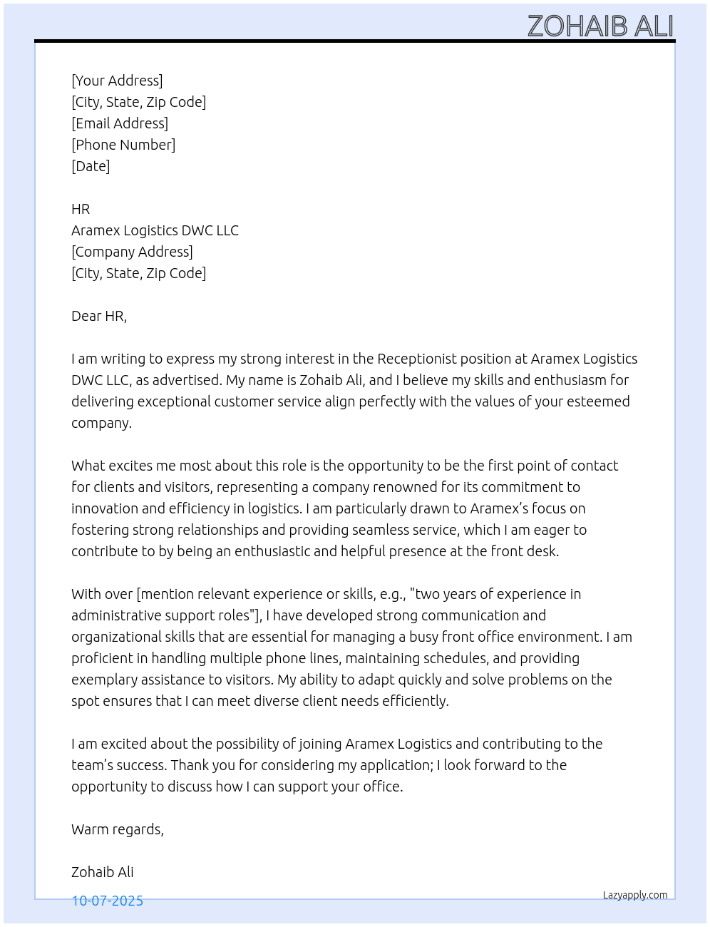 Receptionist At Aramex logistics dwc llc Cover Letter