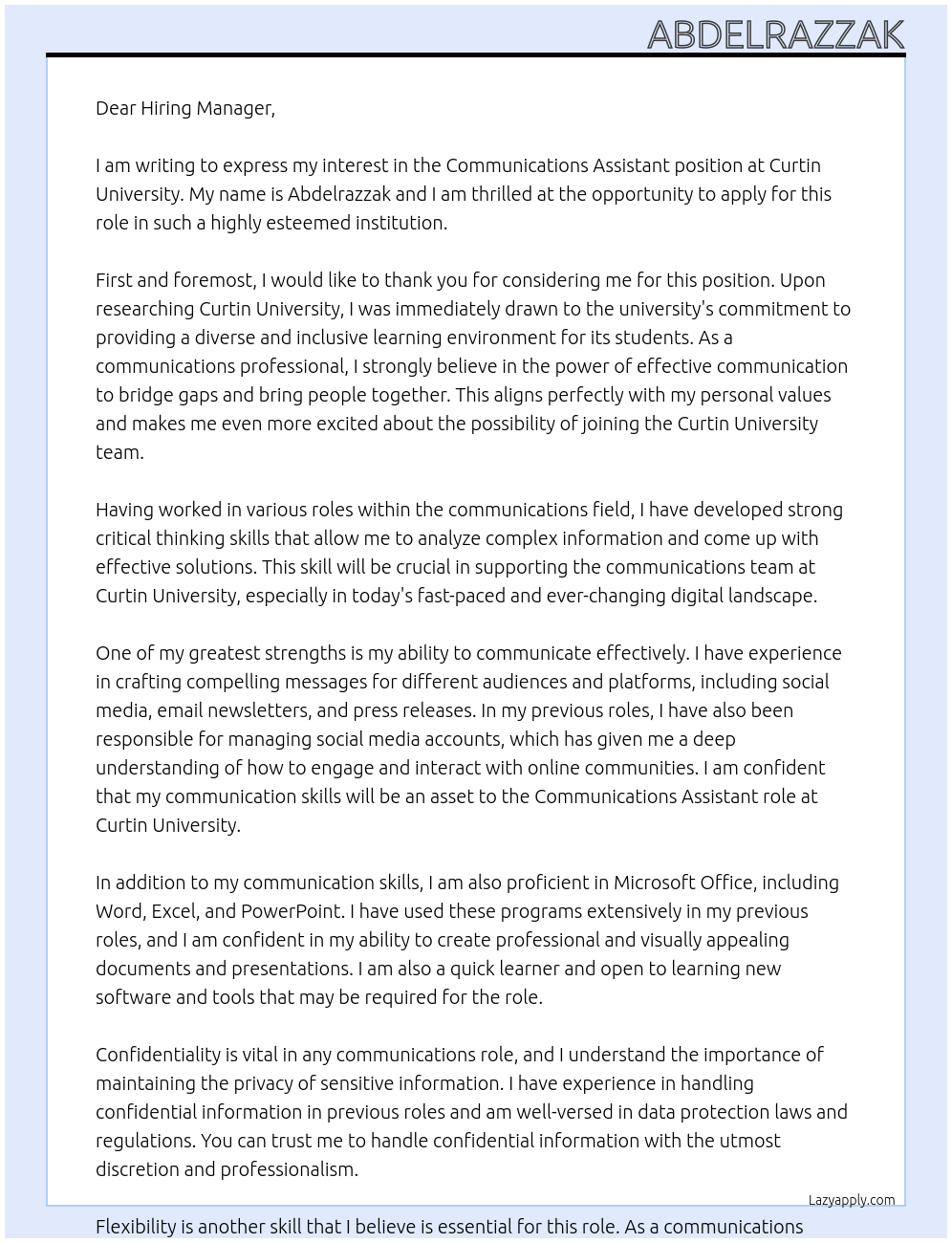 Communications Assistant At Curtin University Cover Letter