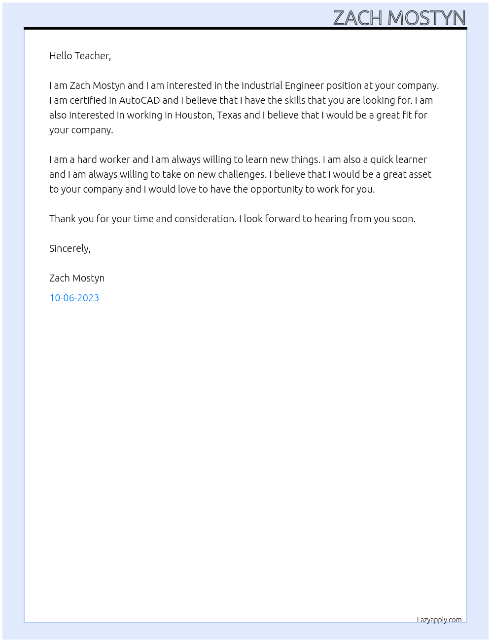 Industrial engineer At Engineering  Cover Letter