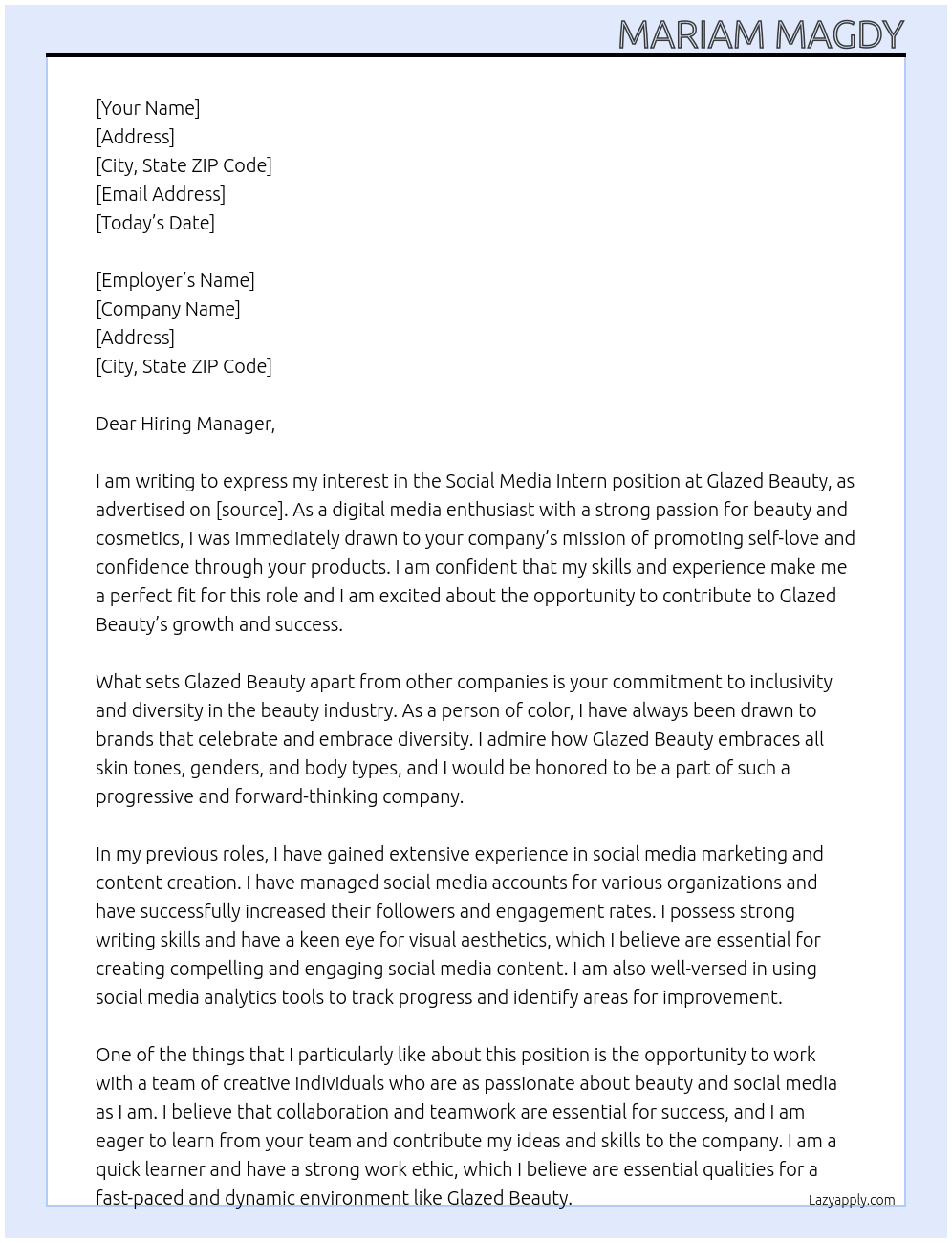 Social media intern At Glazed Beauty Cover Letter