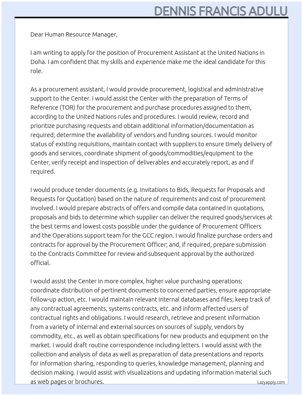 Procurement assistant At United Nations, Doha Cover Letter