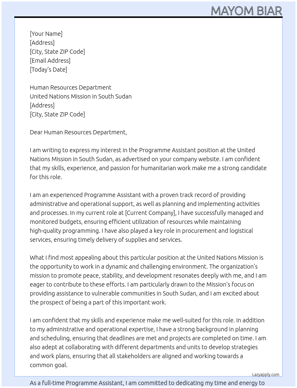 Programme Assistant At United Nations Mission in SOuth Cover Letter