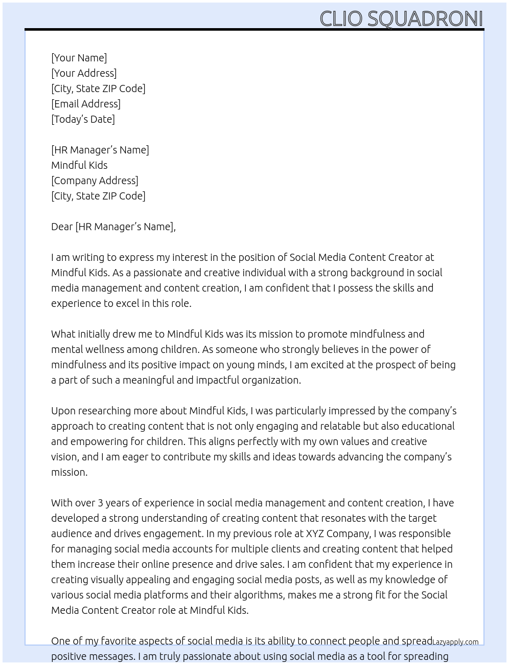  Social Media Content Creator At Mindful Kids Cover Letter