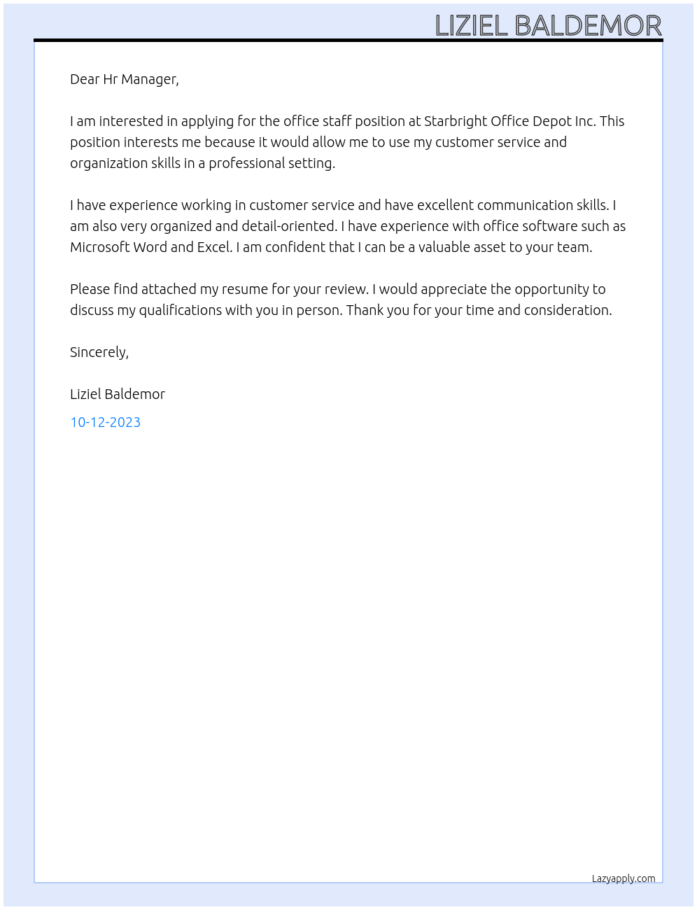 Office Staff At Starbright Office Depot Inc. Cover Letter