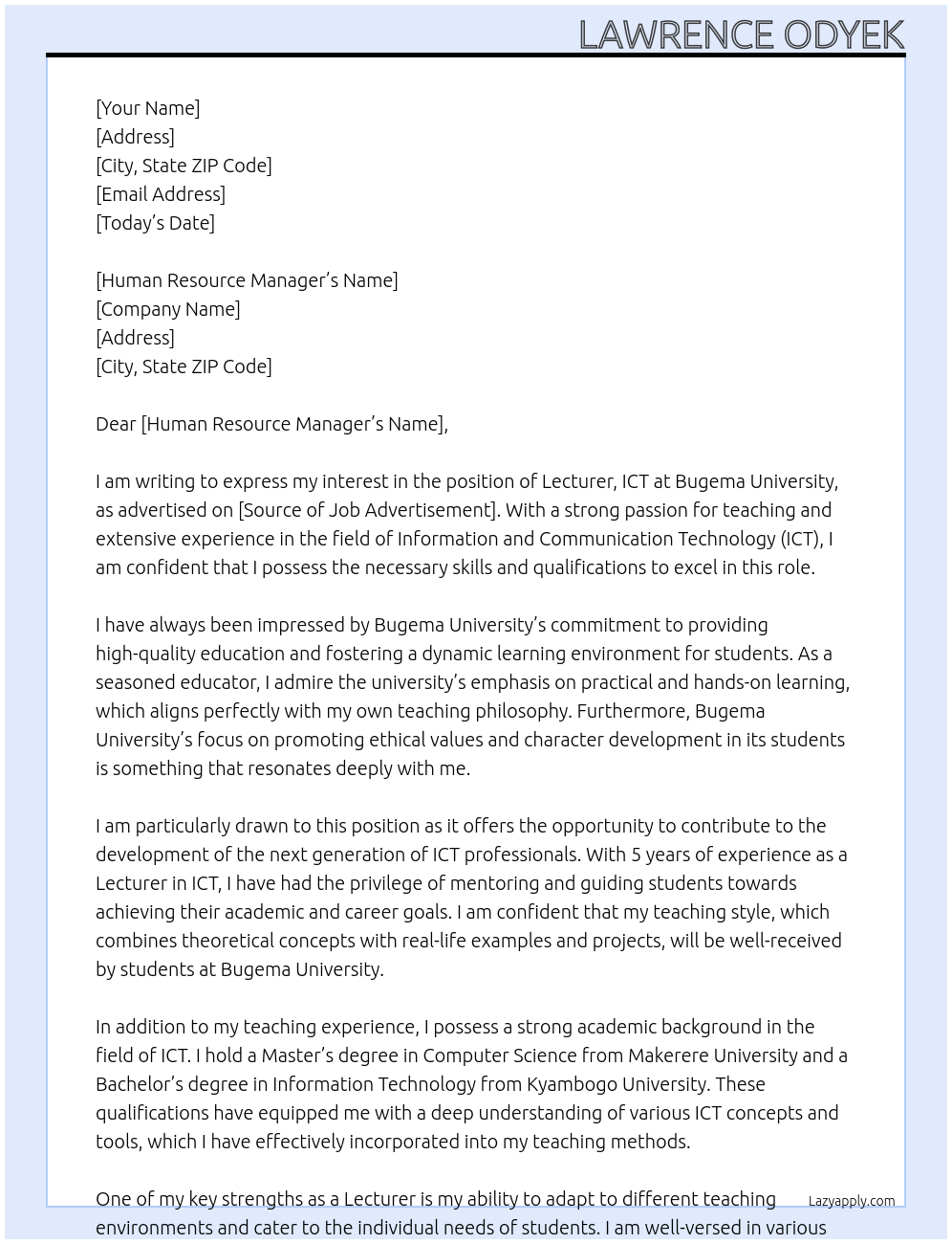 Lecturer, ICT At Bugema University Cover Letter