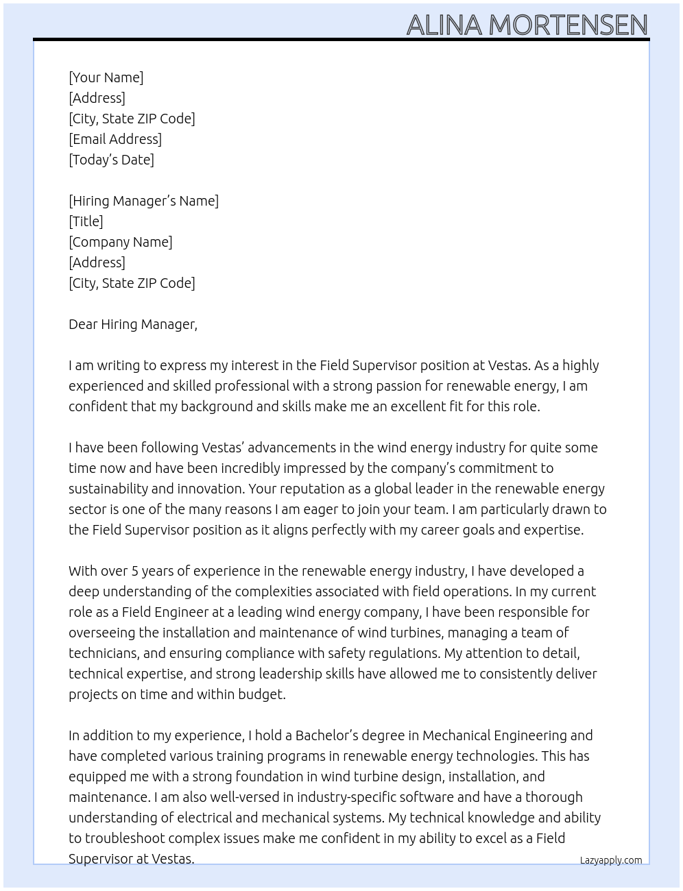 Field supervisor At Vestas Cover Letter