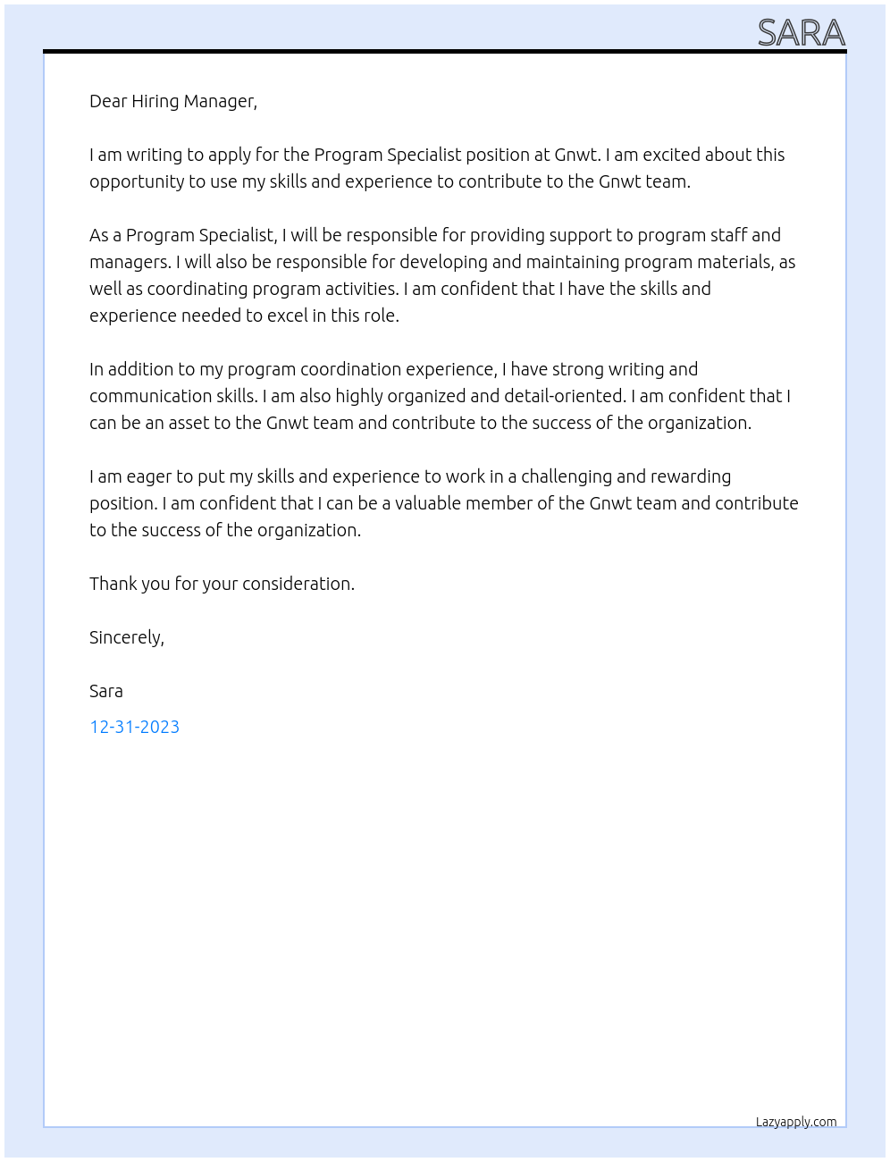 Program specialist At Gnwt Cover Letter