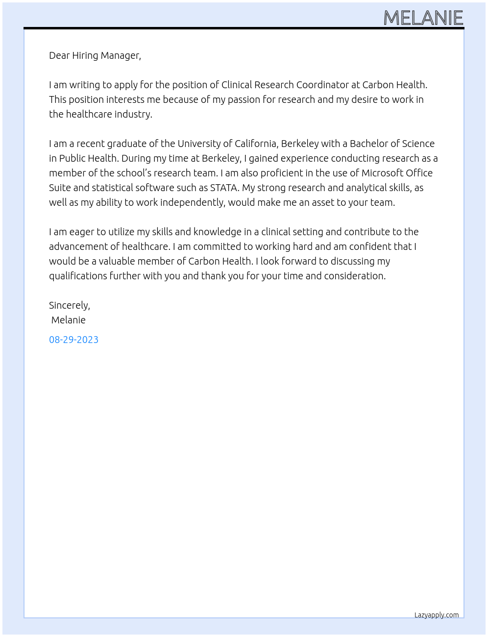 Clinical Research Coordinator At Carbon Health Cover Letter