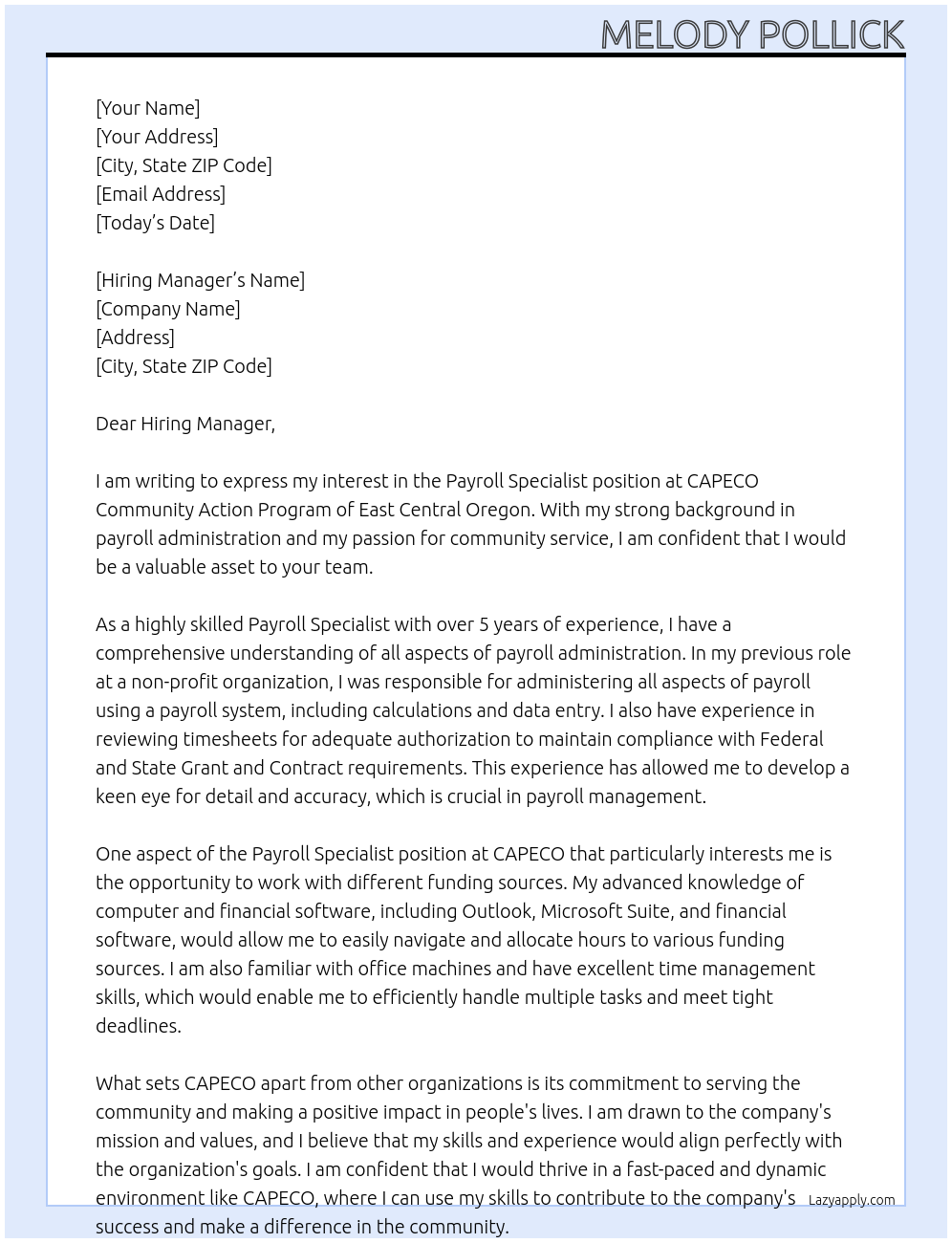 Payroll Specialist At CAPECO Community Action Program of East Central Oregon Cover Letter