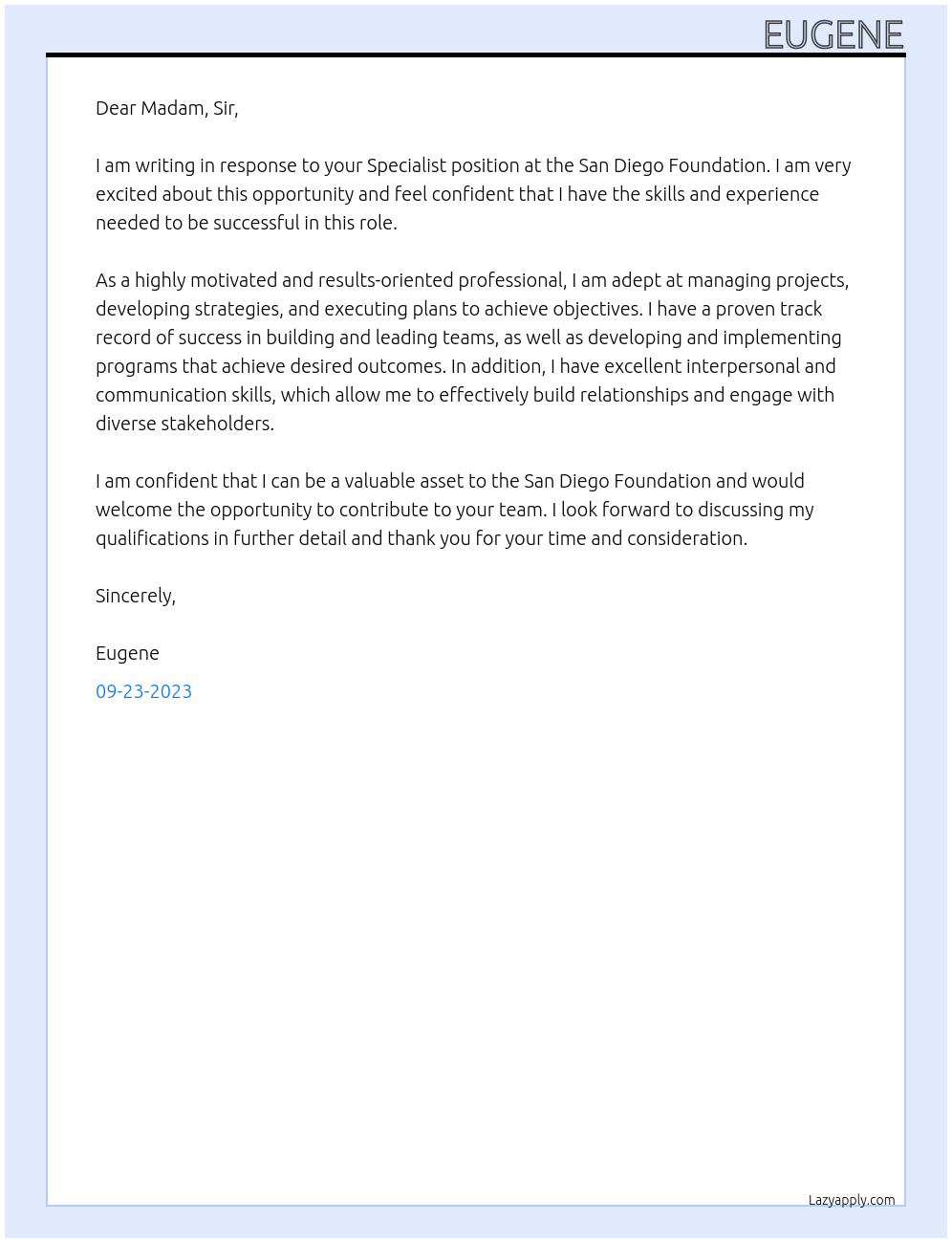 Specialist At San Diego Foundation Cover Letter