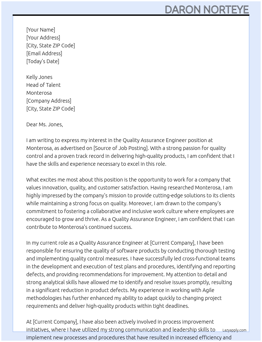 Quality Assurance Engineer At Monterosa Cover Letter