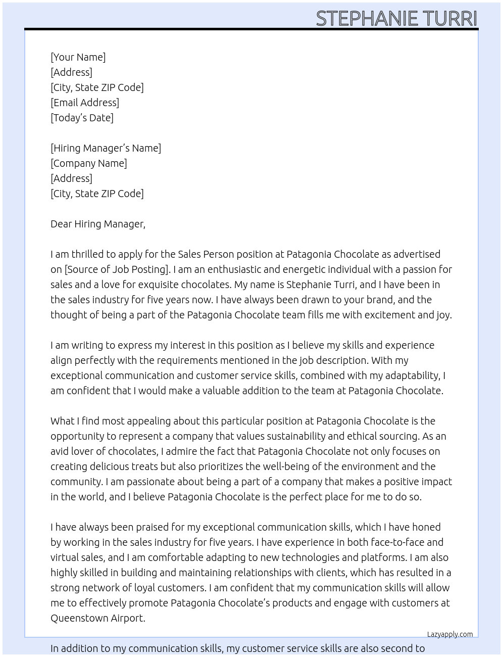 Sales Person At Patagonia Chocolate Cover Letter