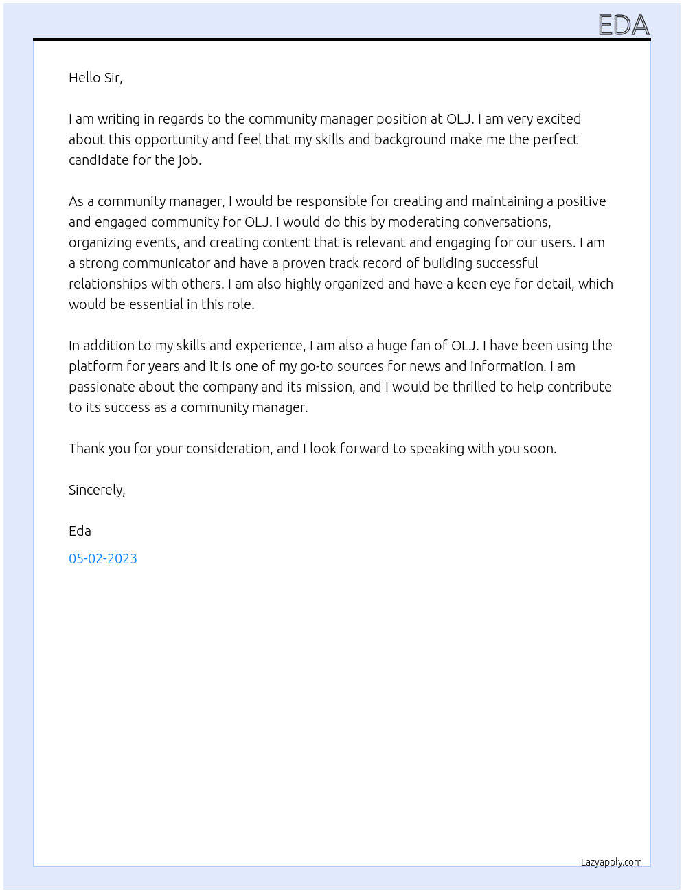 community manager At OLJ Cover Letter