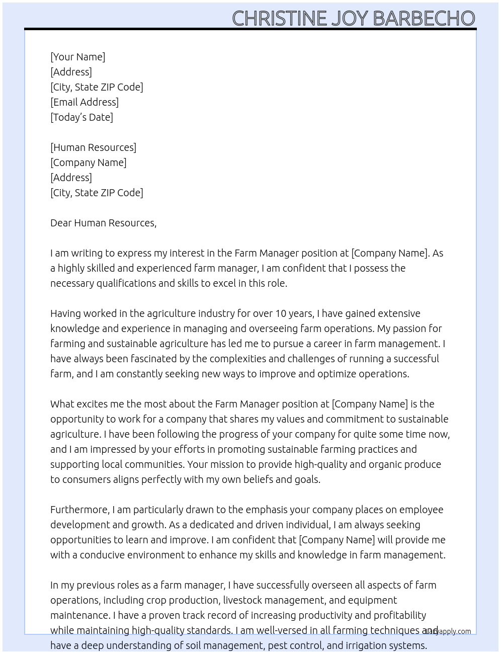 farm manager At farm manager Cover Letter