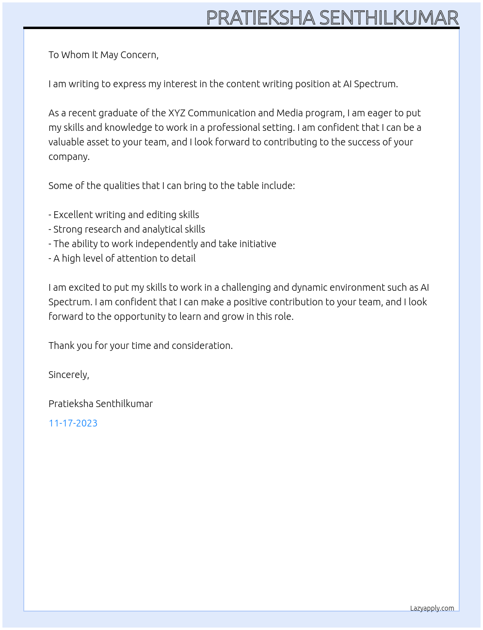 Content writing At AI Spectrum Cover Letter