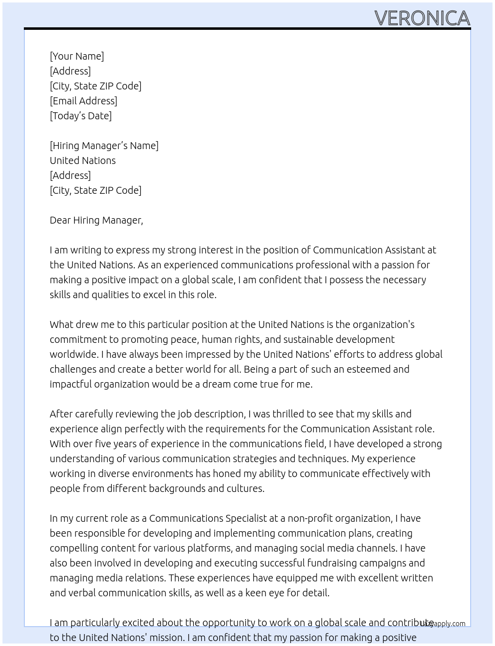 Communication Assistant At United Nations Cover Letter