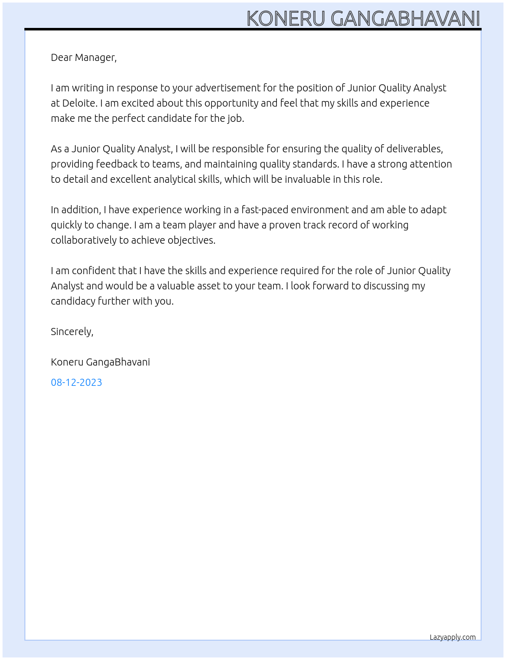 Junior Quality Analyst At Deloite Cover Letter