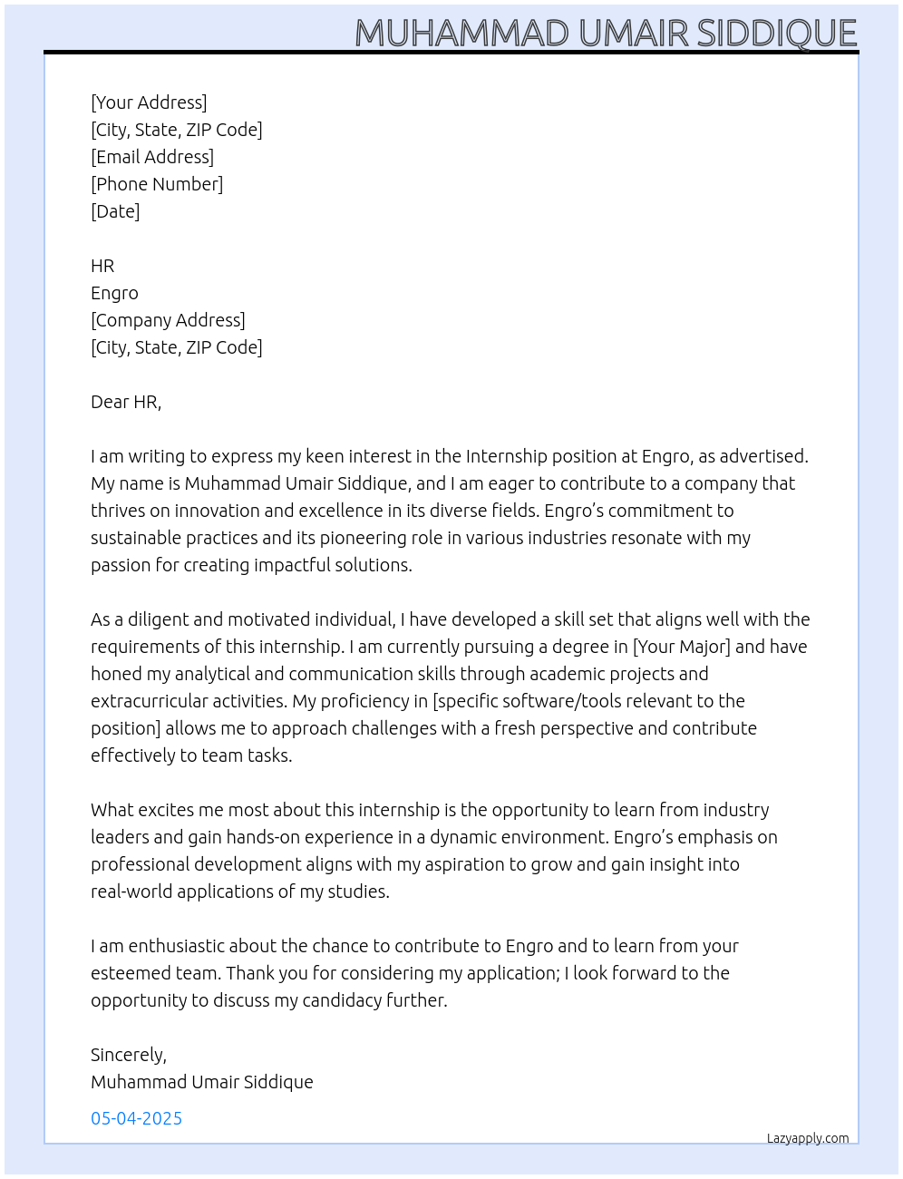 Internship At engro Cover Letter