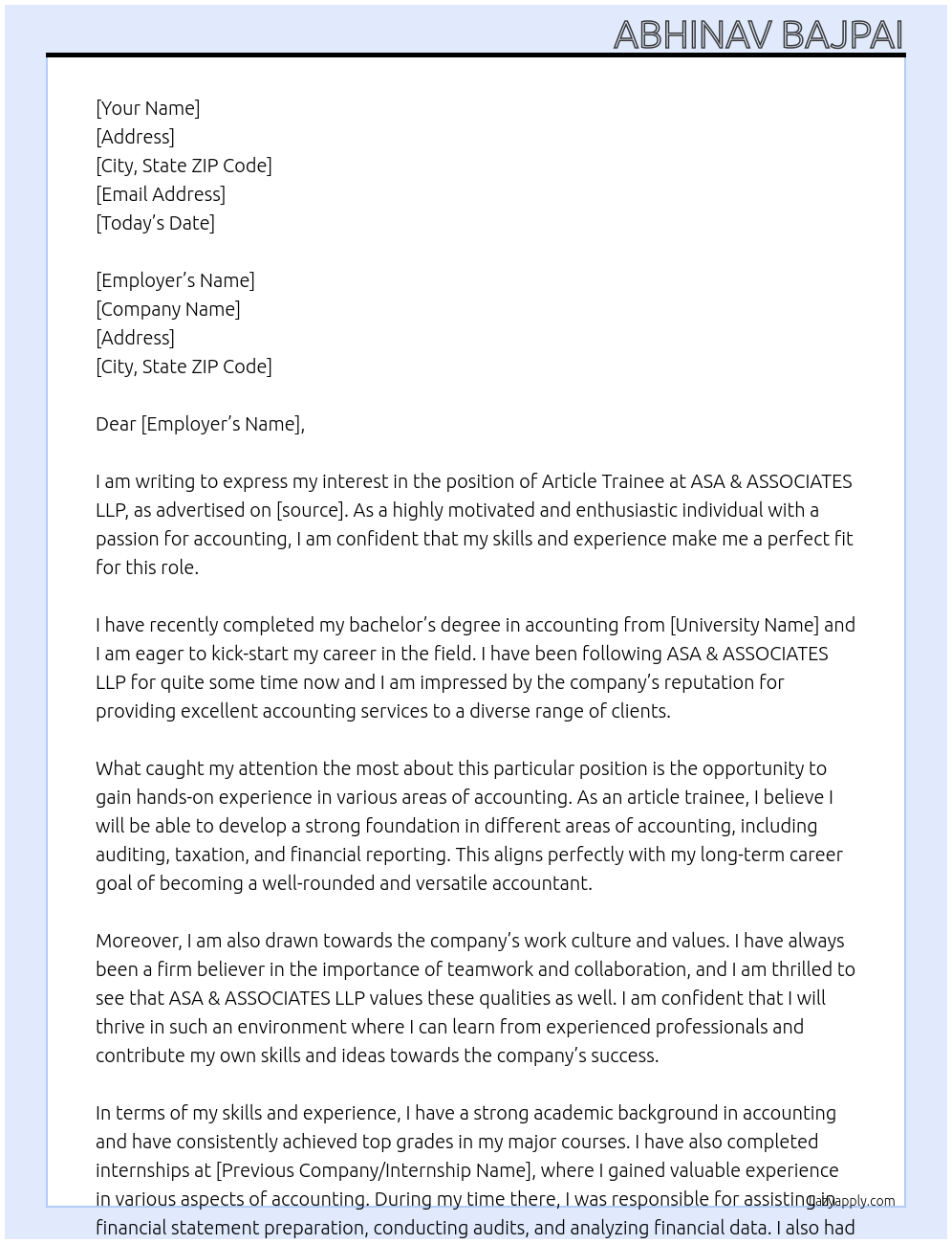 article trainee At ASA & ASSOCIATES LLP Cover Letter