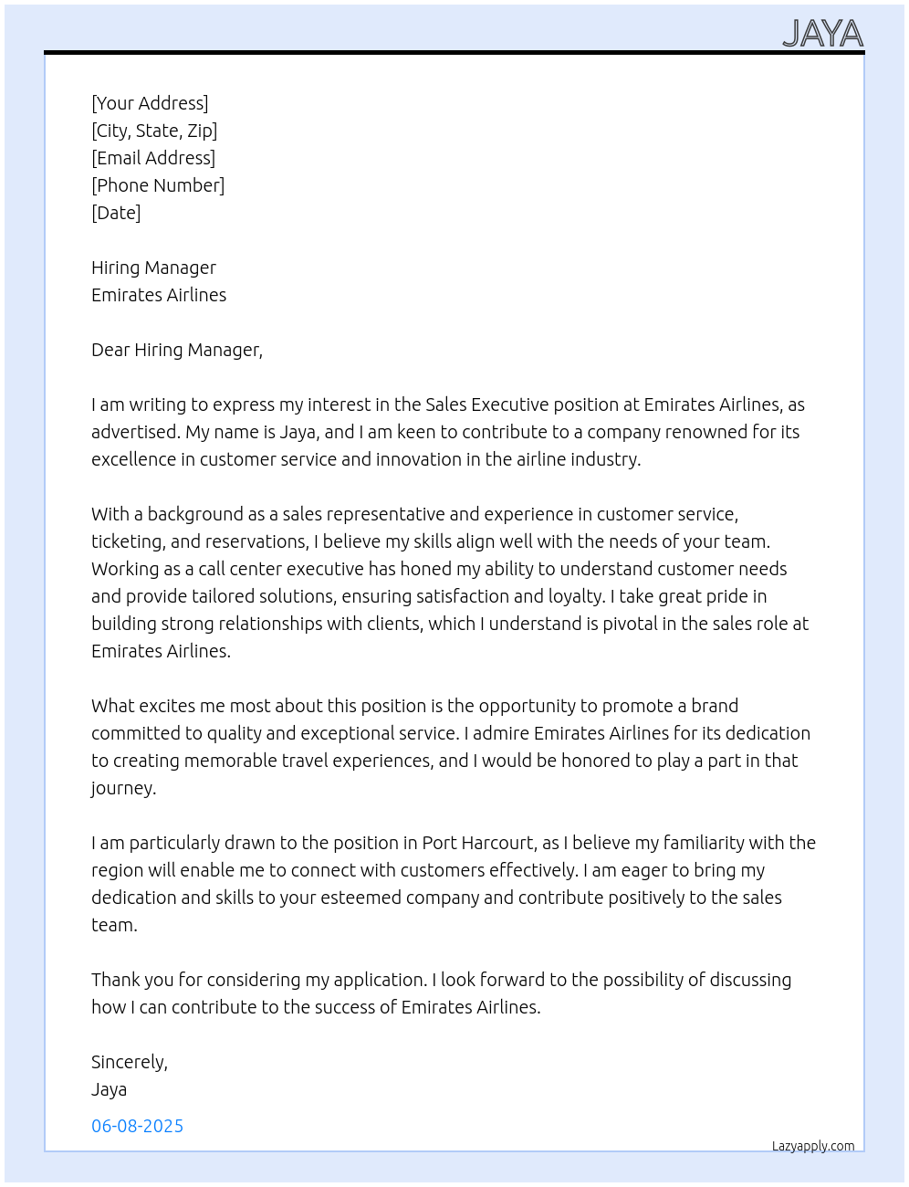 Sales Executive At Emirate Airlines Cover Letter