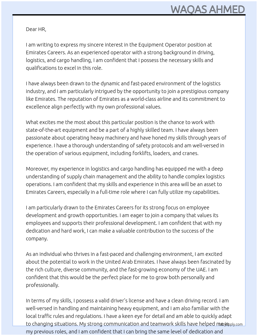 Equipment Operator At Emirates Careers Cover Letter