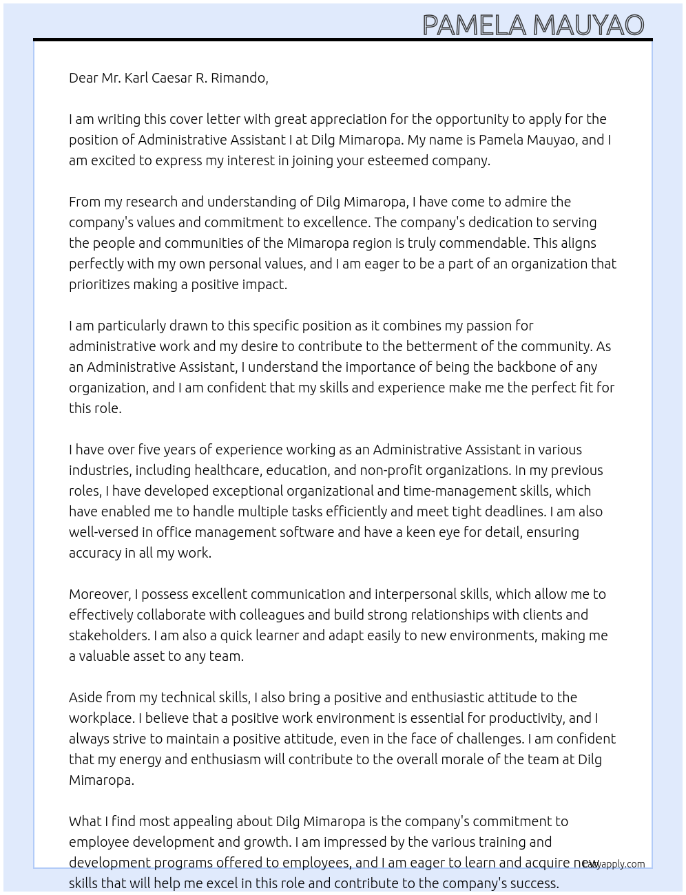 ADMINISTRATIVE ASSISTANT I At Dilg mimaropa Cover Letter