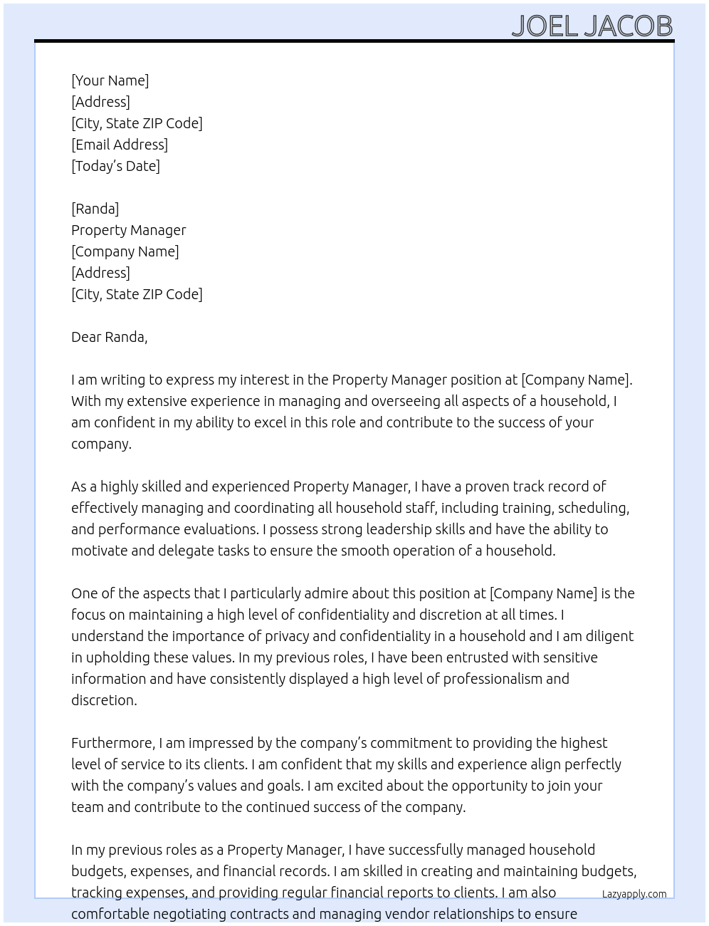 Property Manager At confidential Cover Letter