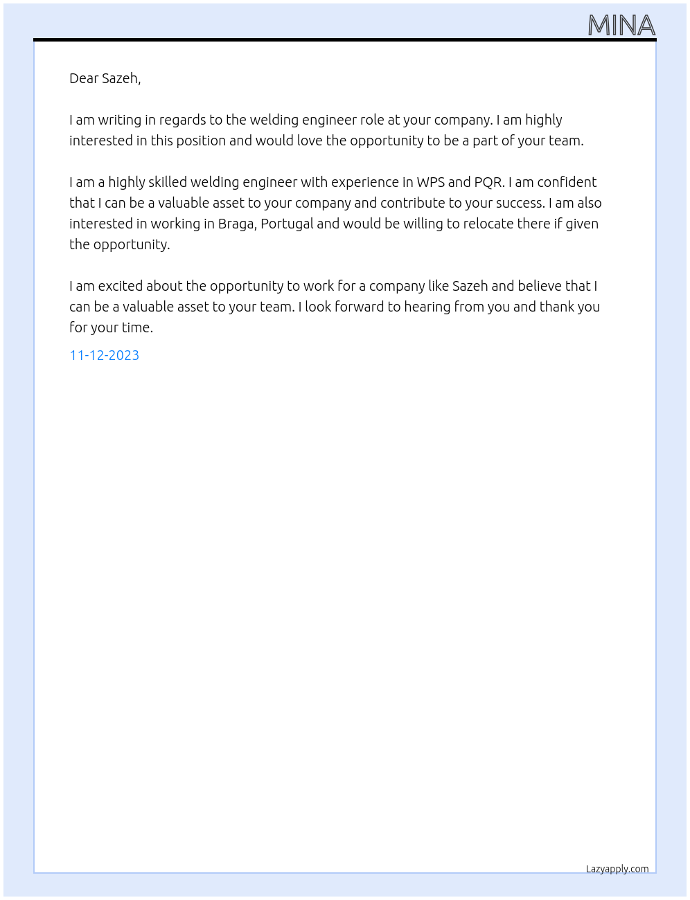 Welding engineer At Sazeh Cover Letter