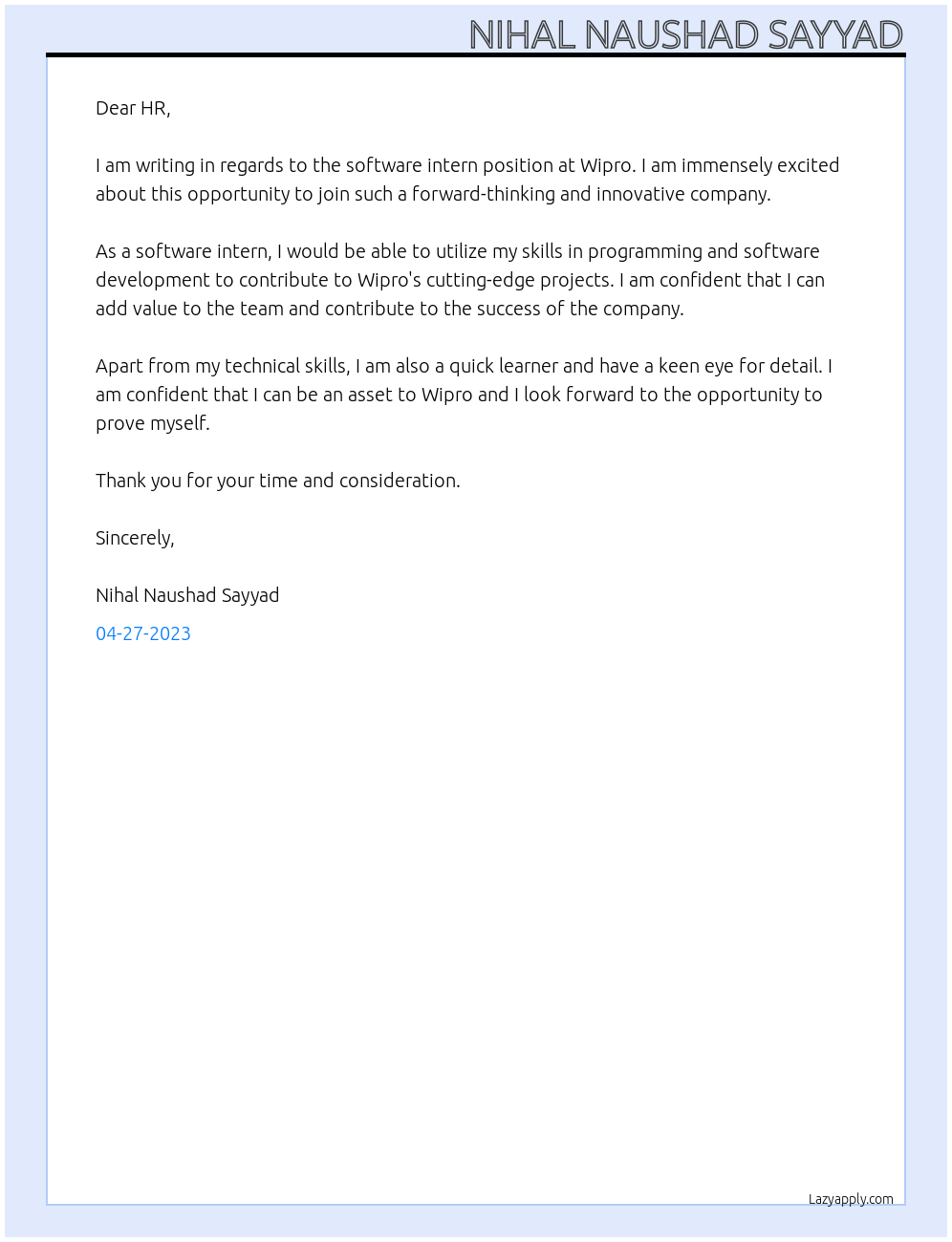 software intern At wipro Cover Letter