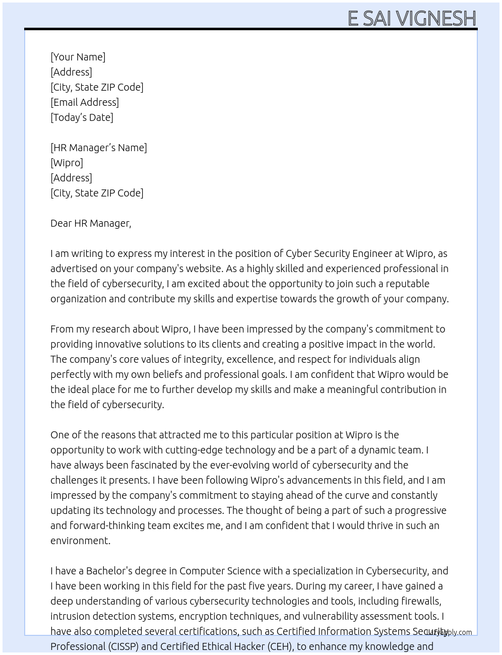 CYBER SECURITY ENGINEER At Wipro Cover Letter
