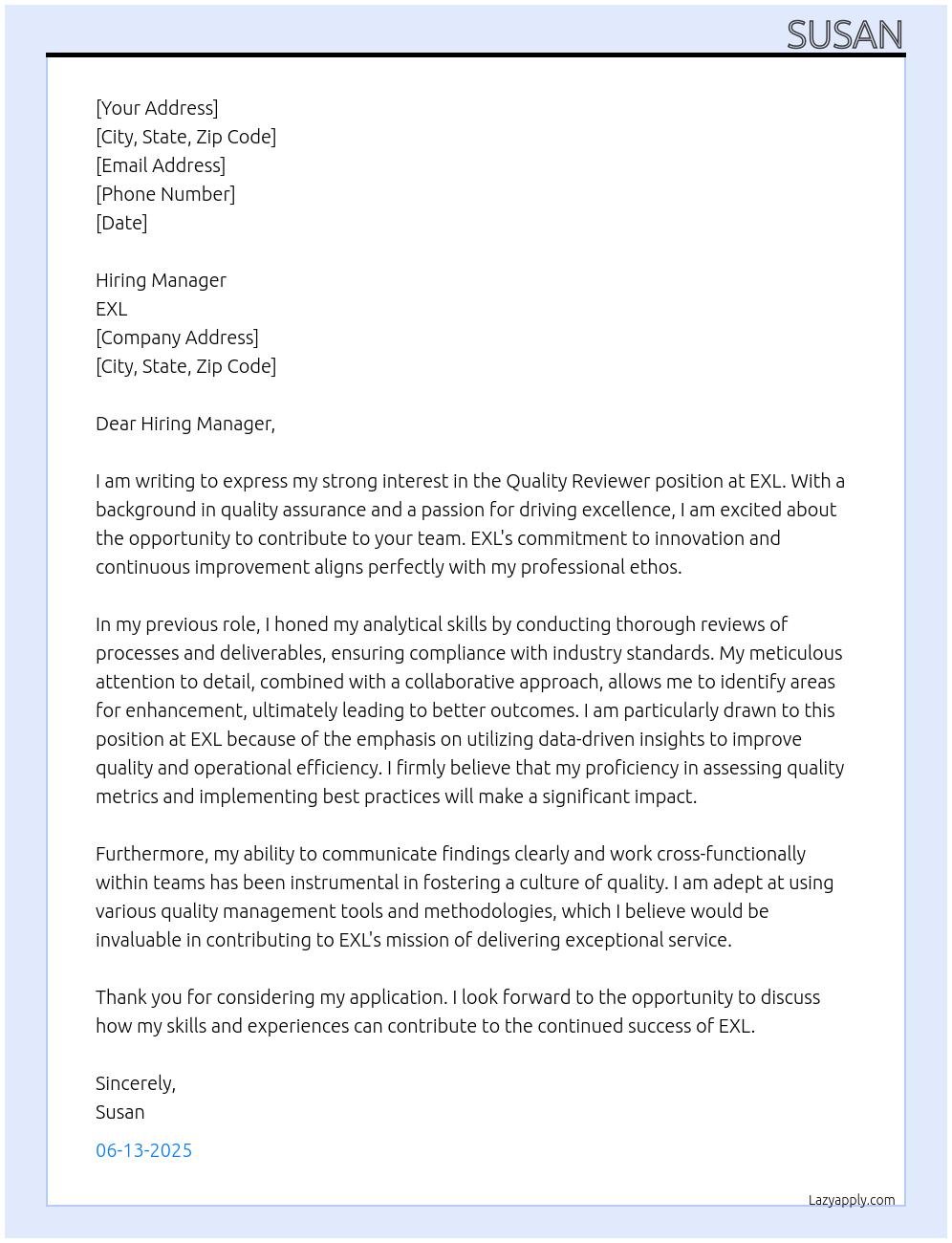 Quality Reviewer At EXL Cover Letter