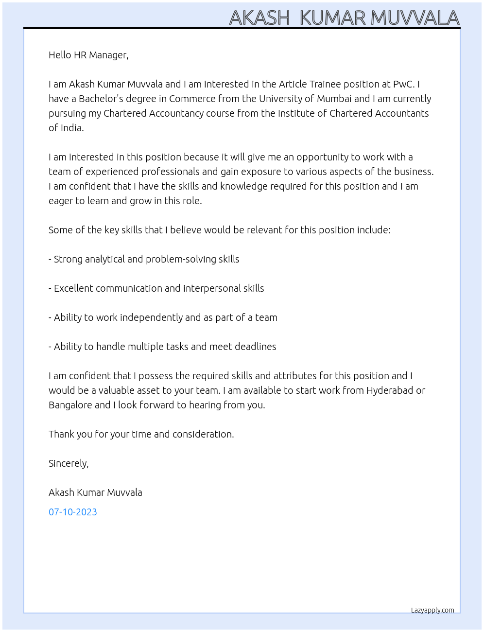 Article trainee At Pwc Cover Letter