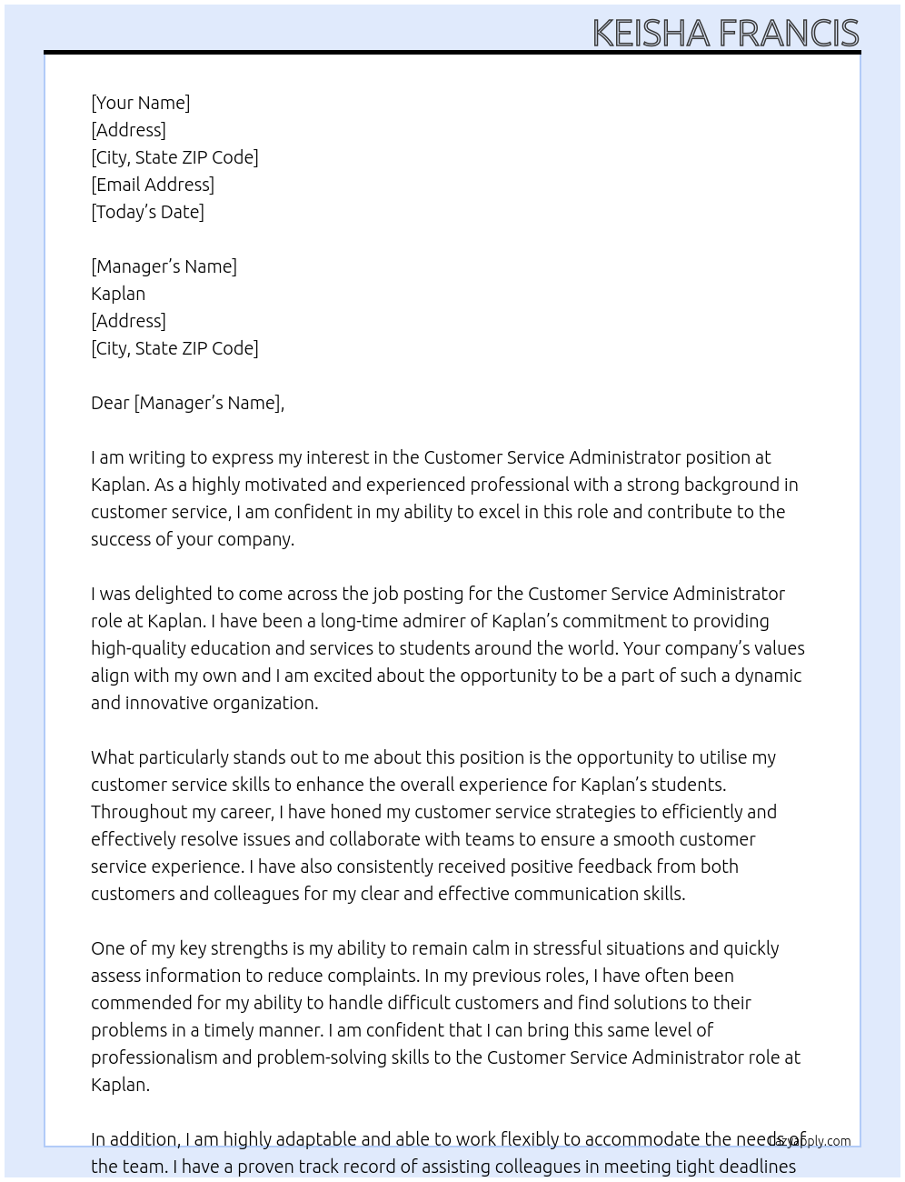 Customer Service Administrator At Kaplan Cover Letter
