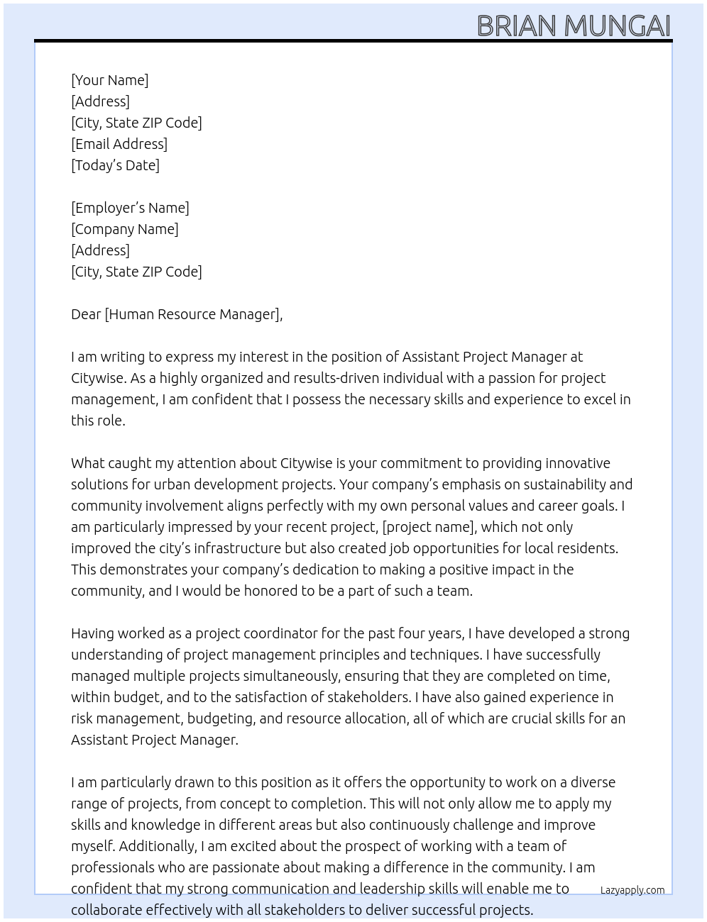 Assistant project manager At Citywise Cover Letter