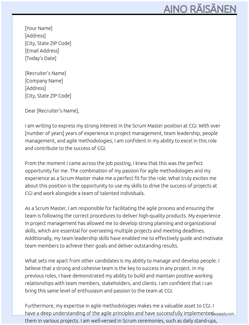 Scrum Master At CGI Cover Letter