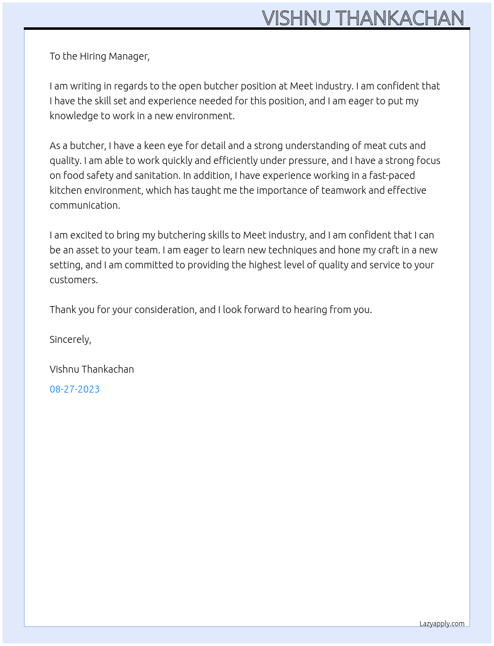 Butcher At Meet industry Cover Letter