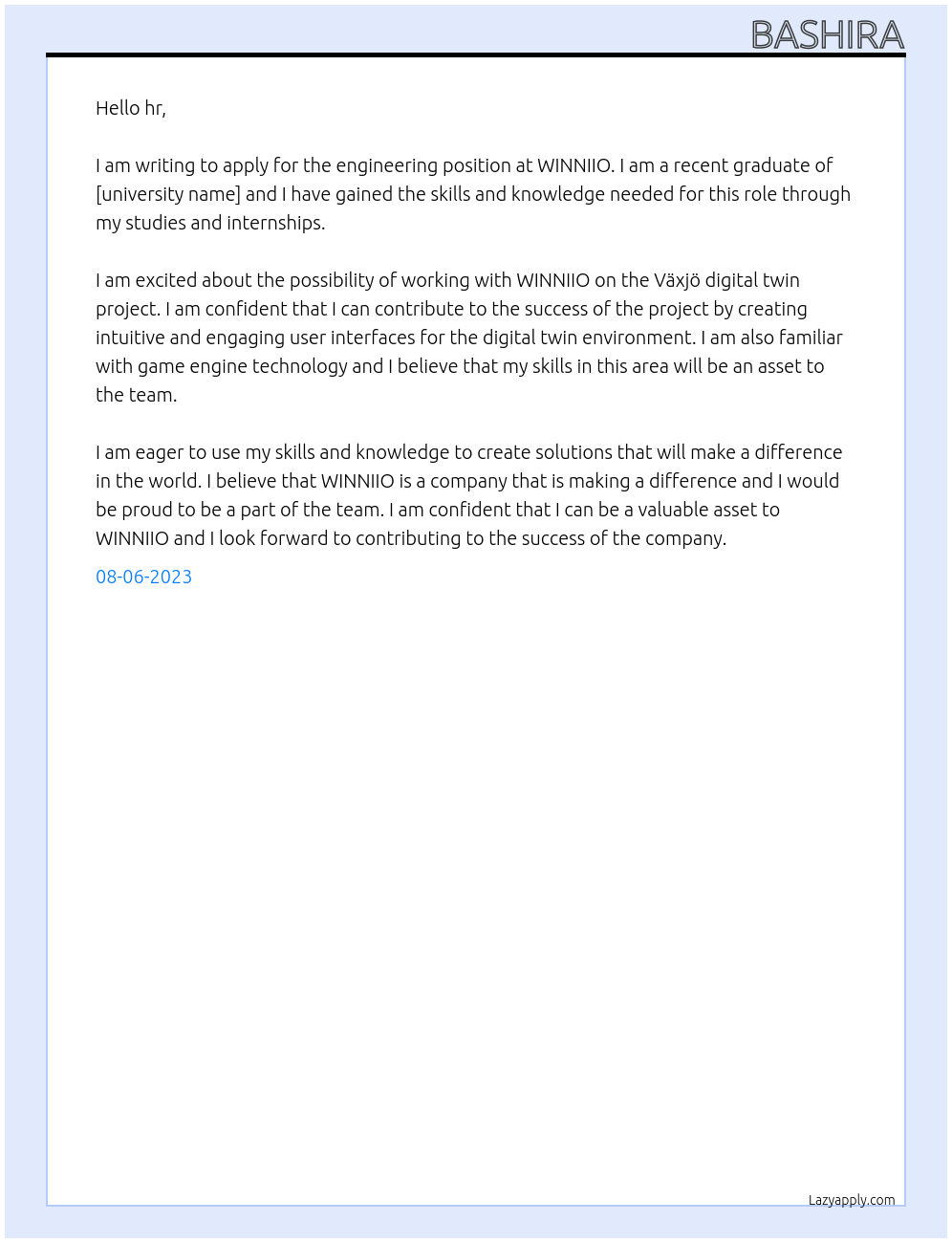 engineering At WINNIIO Cover Letter