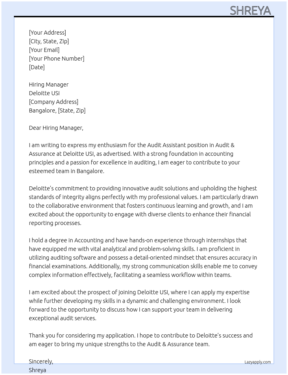 Audit Assistant, Audit & Assurance At Deloitte USI Cover Letter