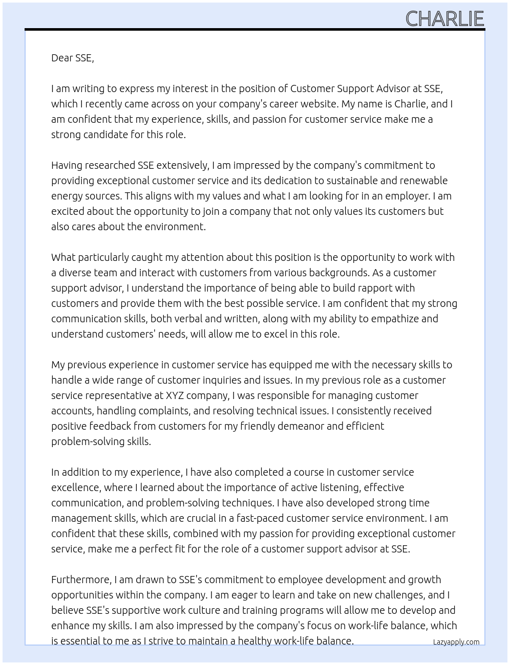 customer support advisor At SSE Cover Letter