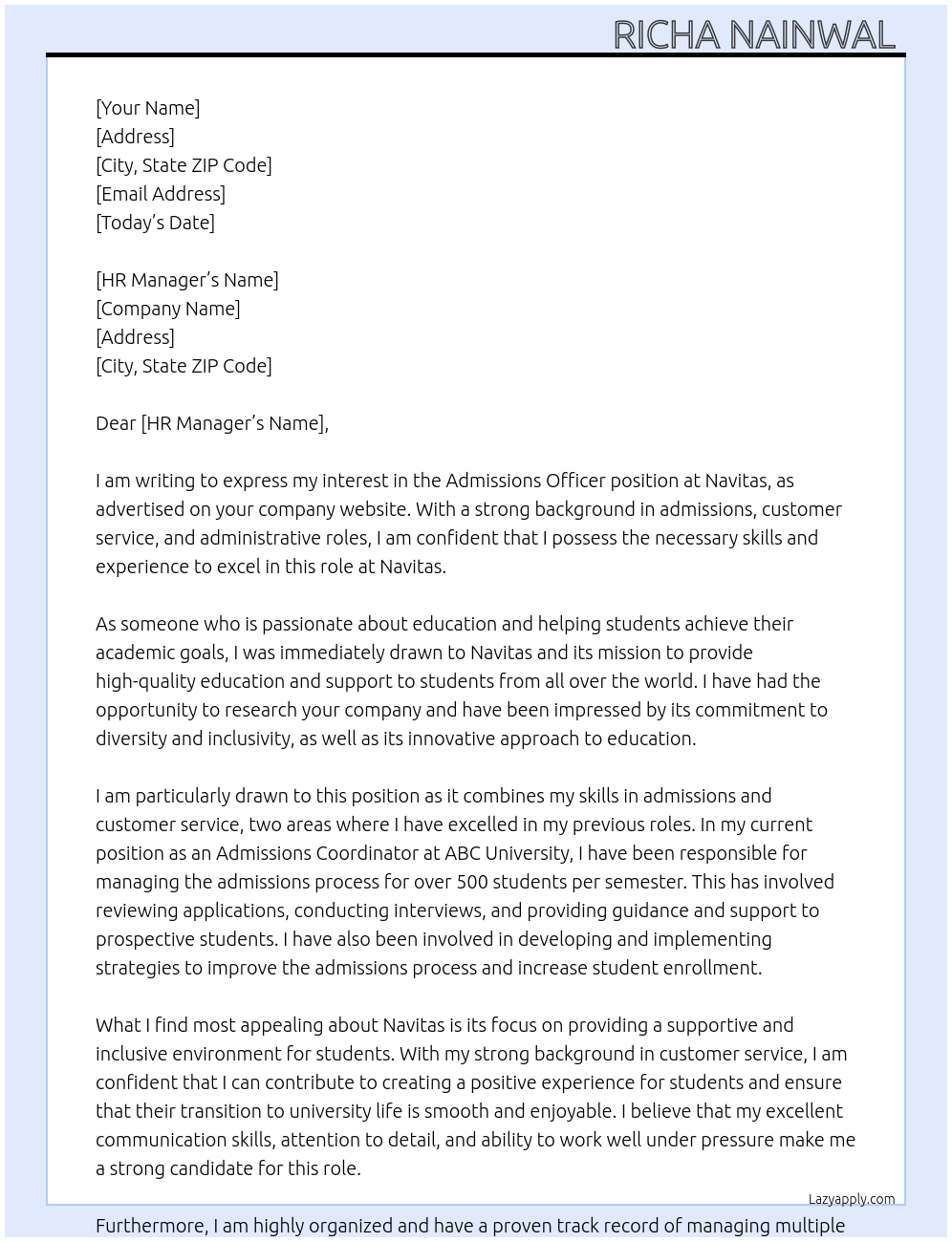 Admissions Officer At Navitas Cover Letter