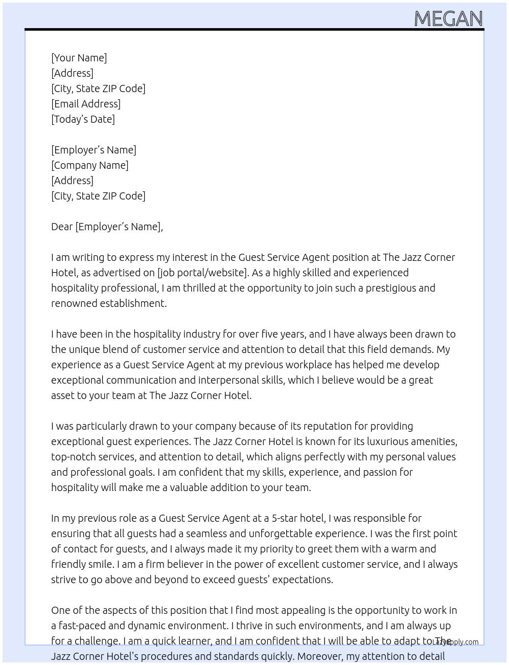 Guest Service Agent At The Jazz Corner Hotel Cover Letter