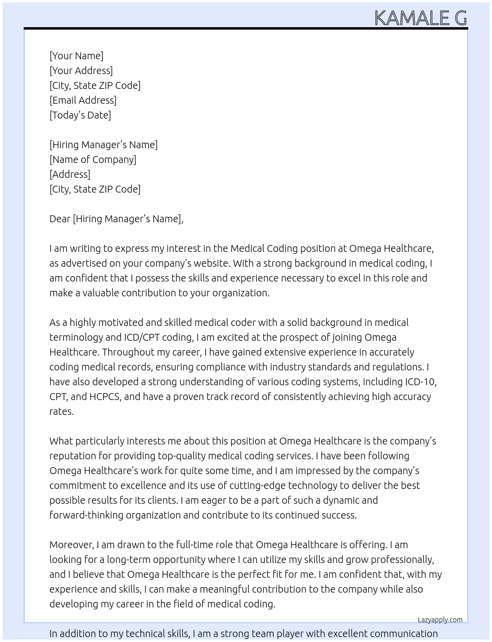 Medical coding  At Omega healthcare  Cover Letter