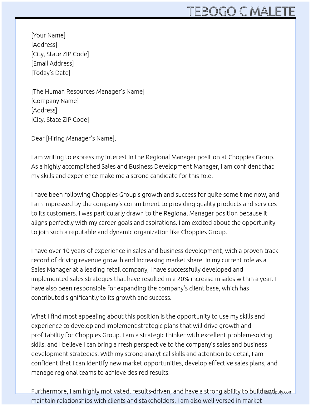 Regional Manager At Choppies Group Cover Letter