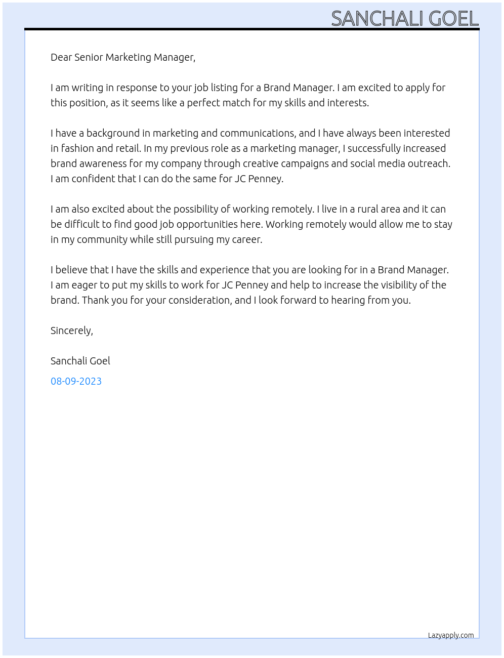 Brand Manager At JC Penney Cover Letter