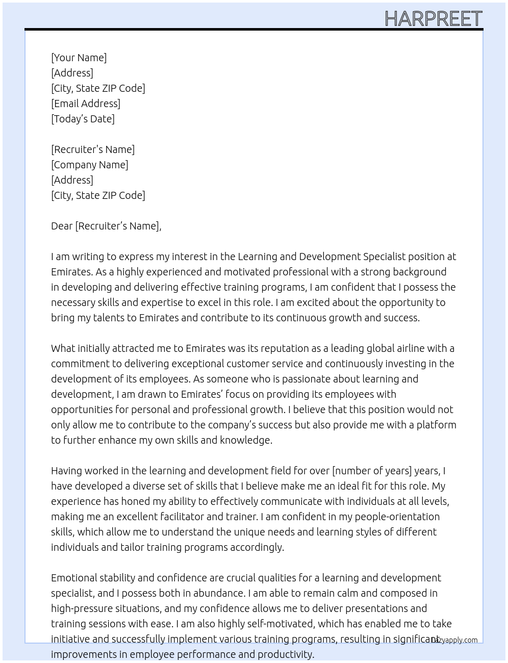 Learning and development specialist At Emirates Cover Letter