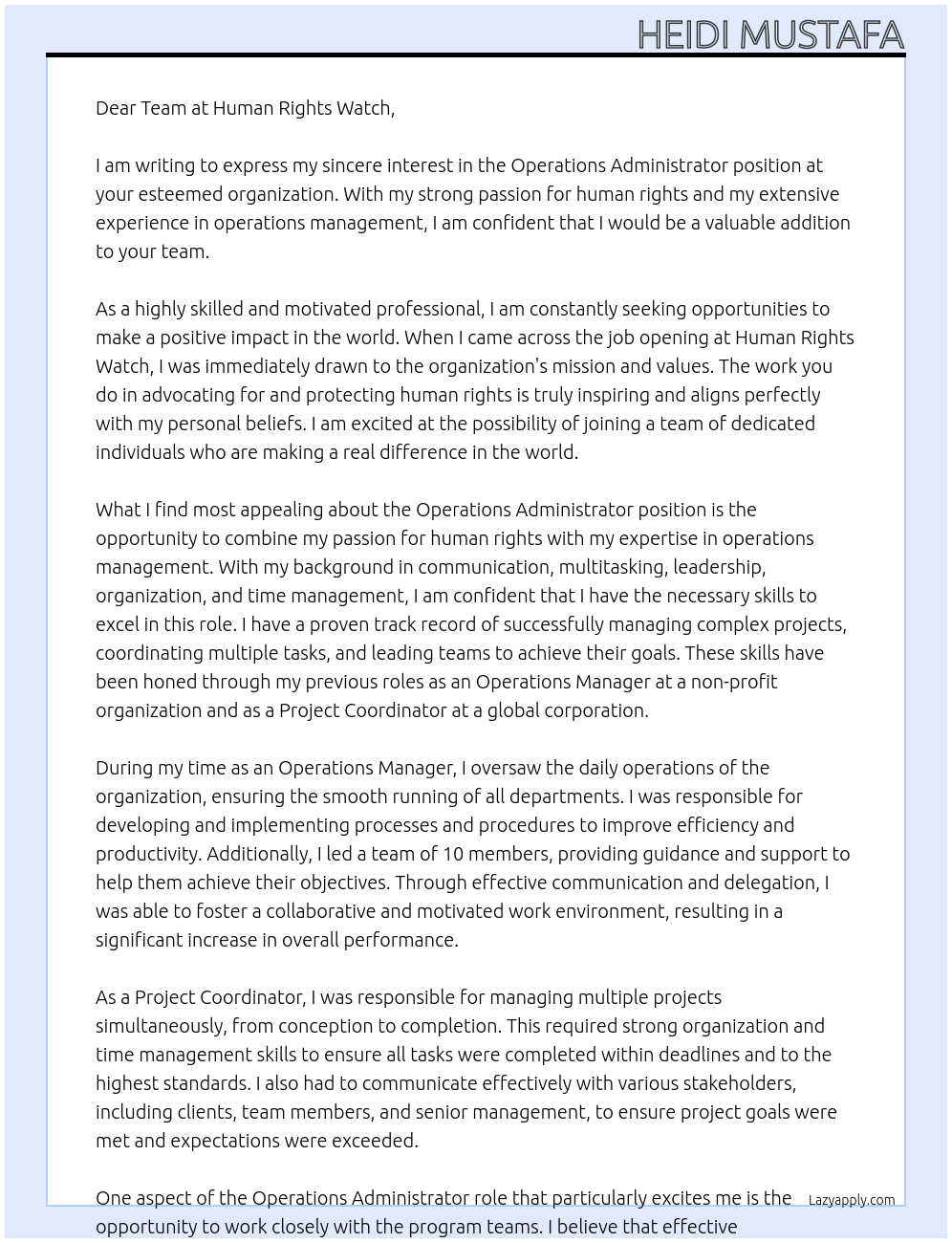 Operations Administrator At Humans Right Watch Cover Letter