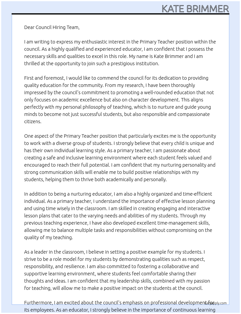 Primary teacher At council Cover Letter