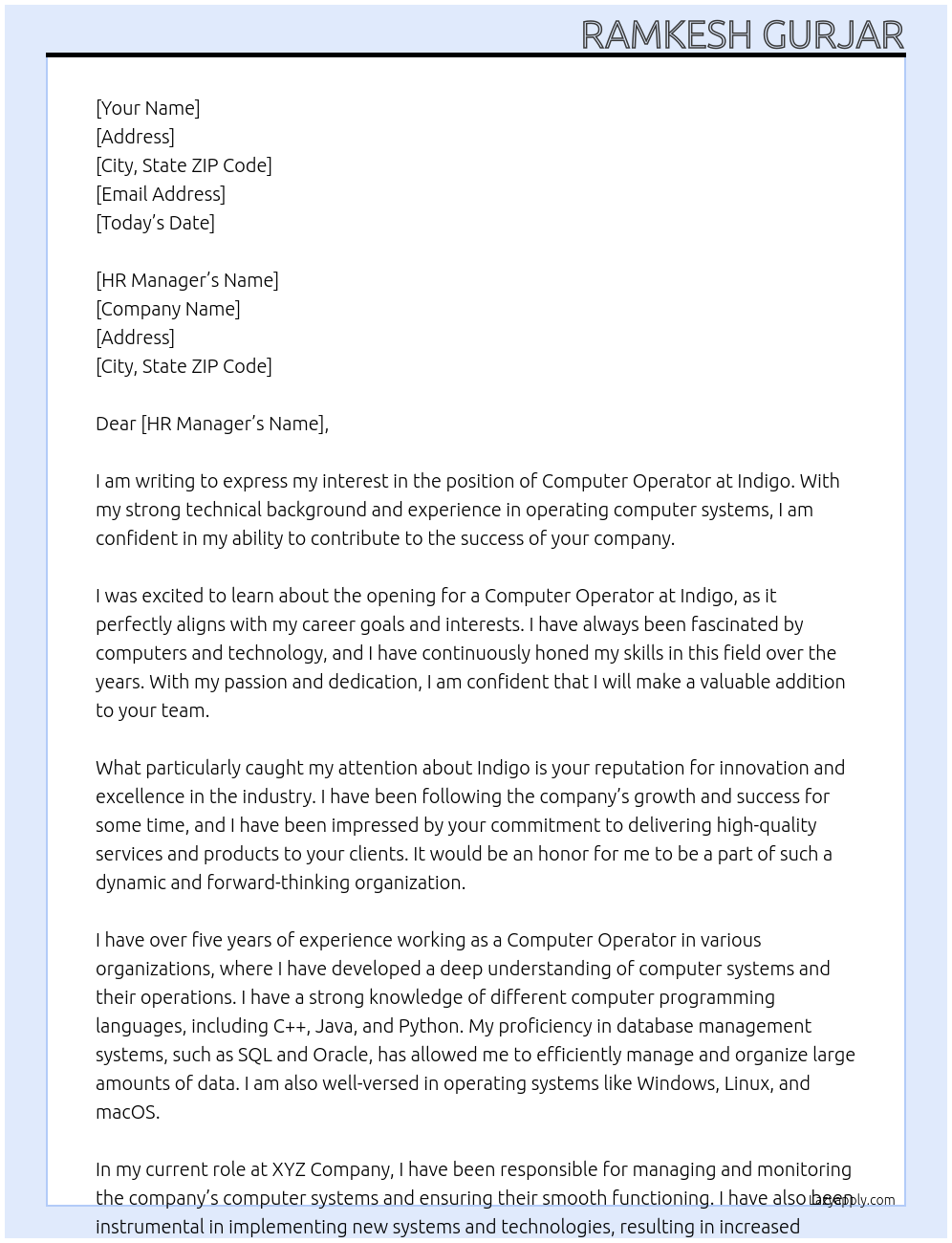 Computer Operater At Indigo Cover Letter