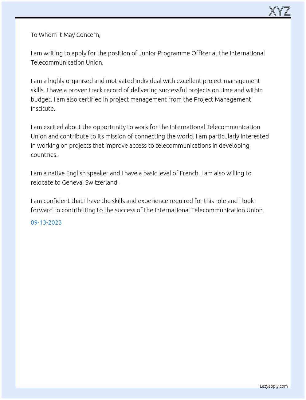 Junior Programme Officer At International Telecommunication Union Cover Letter