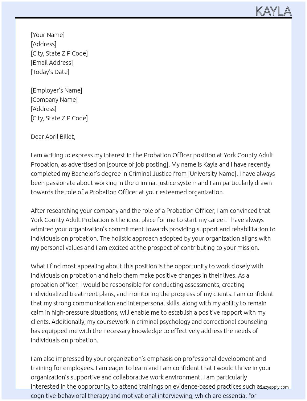 Probation Officer At York County Adult Probation Cover Letter